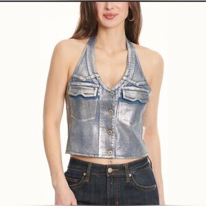 BLUE B WOMEN'S LIGHT WASH SILVER FINISH DENIM HALTER NECK CROPPED TOP SIZE S